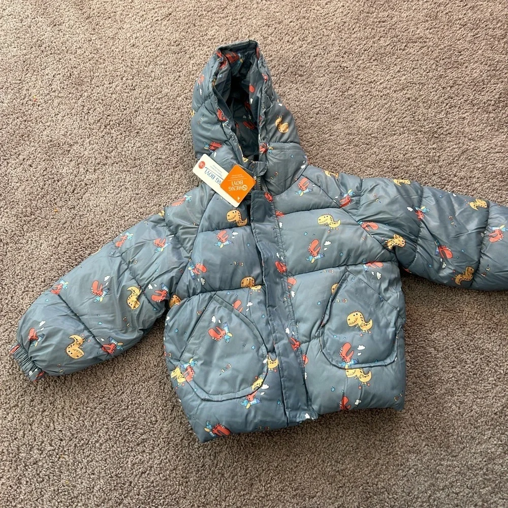 NWT Sheng Boyi Dinosaur Puffer Jacket - w Hood Gray with Colorful Prints  Size M